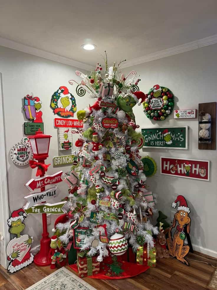White Christmas tree decorated with Grinch-inspired red and green ornaments